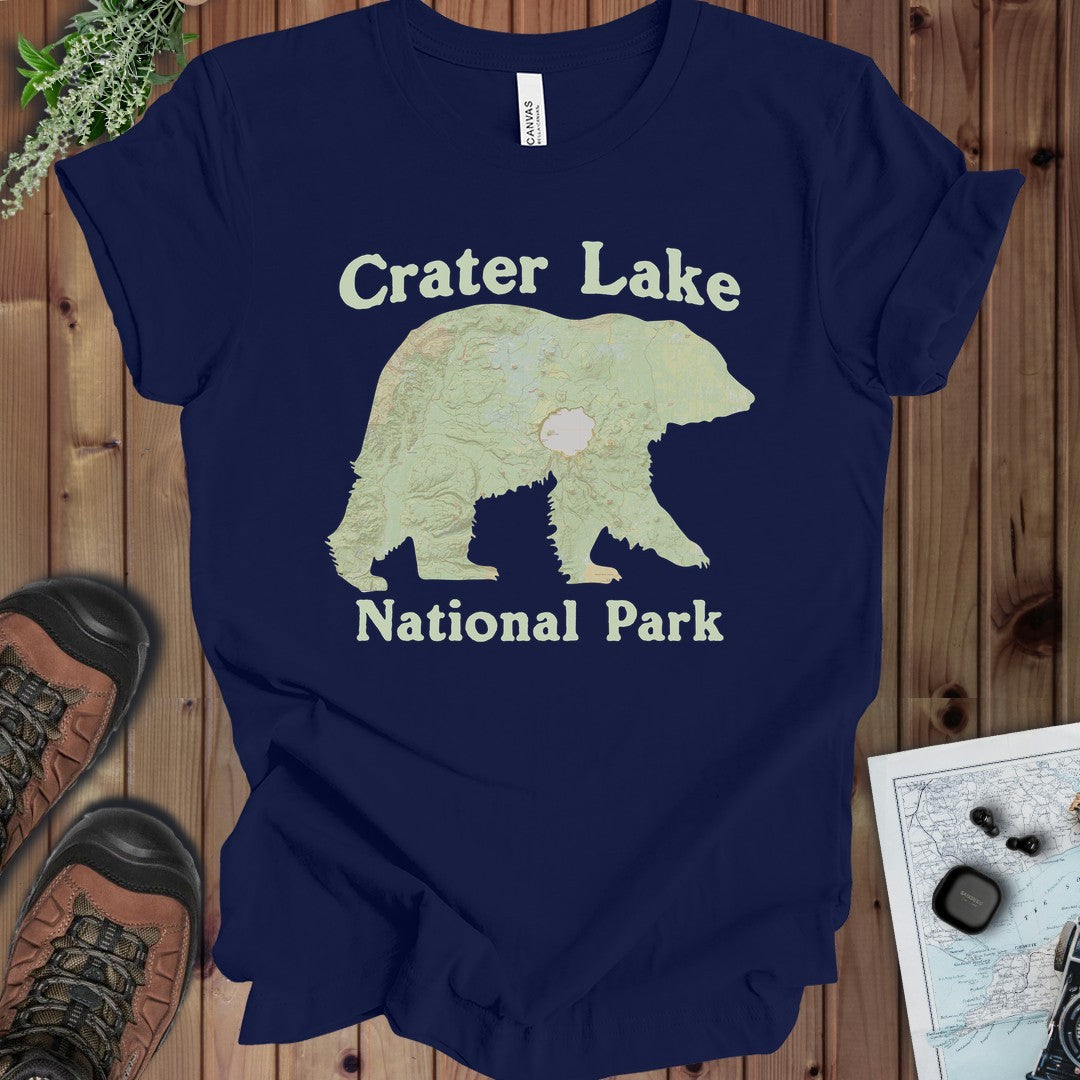 Crater Lake Topographic Bear Map National Park Unisex Fit Soft Kids Graphic T-Shirt in Navy