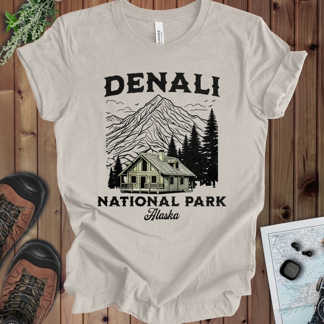 Denali Mountain Cabin Kids Graphic T-Shirt in Heather Dust