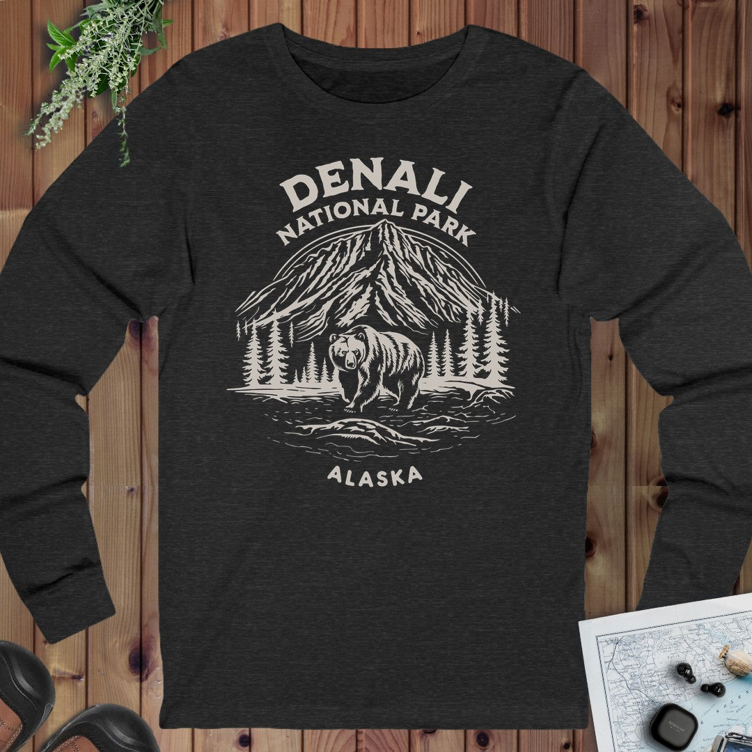 Denali National Park Alaska Long Sleeve T-Shirt in Dark Grey Heather