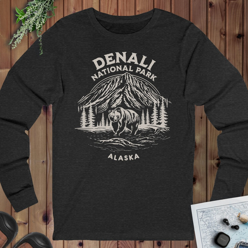 Denali National Park Alaska Long Sleeve T-Shirt in Dark Grey Heather