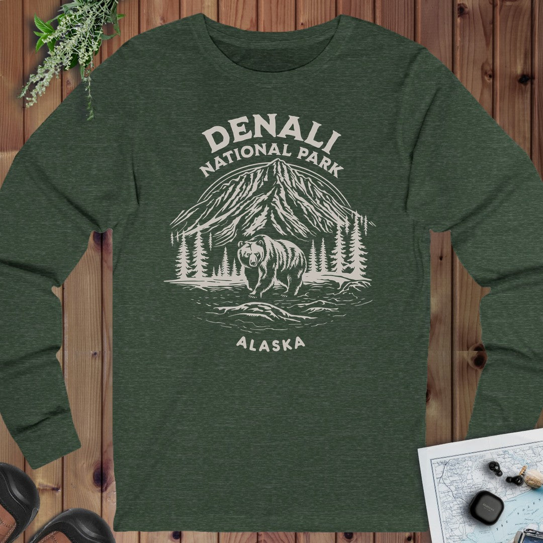 Denali National Park Alaska Long Sleeve T-Shirt in Heather Forest