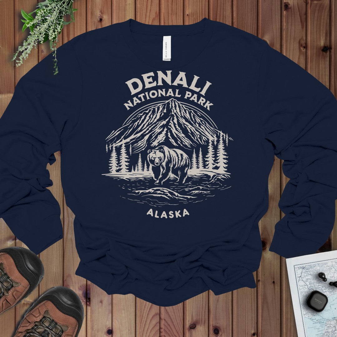 Denali National Park Alaska Long Sleeve T-Shirt in Navy