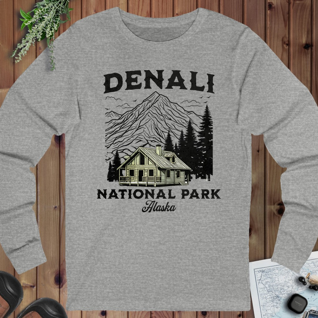 Denali National Park Mountain Cabin Long Sleeve T-Shirt in Athletic Heather