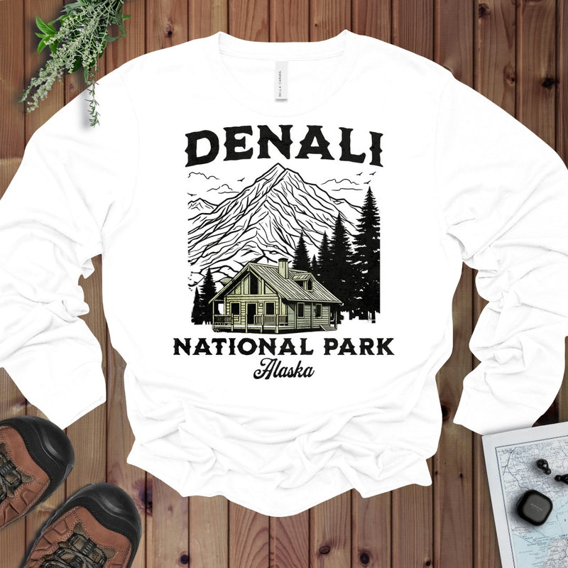 Denali National Park Mountain Cabin Long Sleeve T-Shirt in White