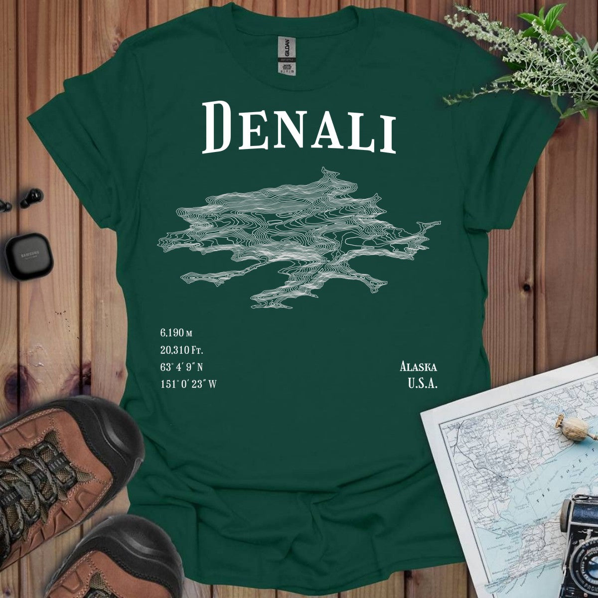 Denali Topo Lines T-Shirt in Forest Green
