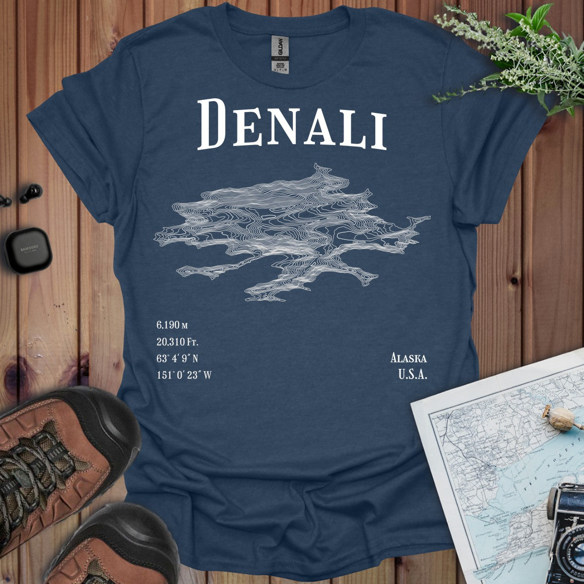 Denali Topo Lines T-Shirt in Heather Navy