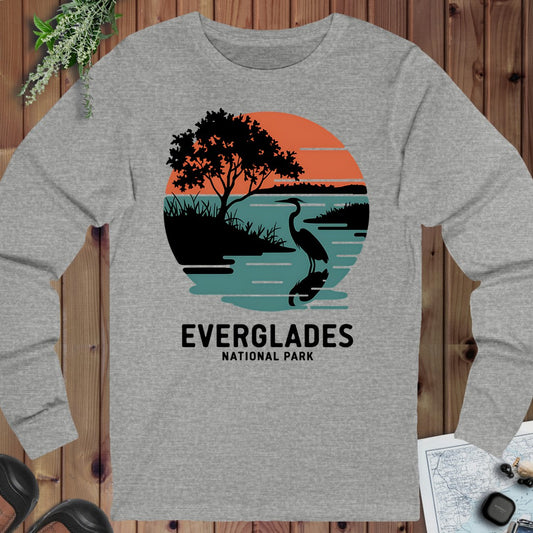 Everglades National Park Logo Retro Sunset Long Sleeve T-Shirt in Athletic Heather