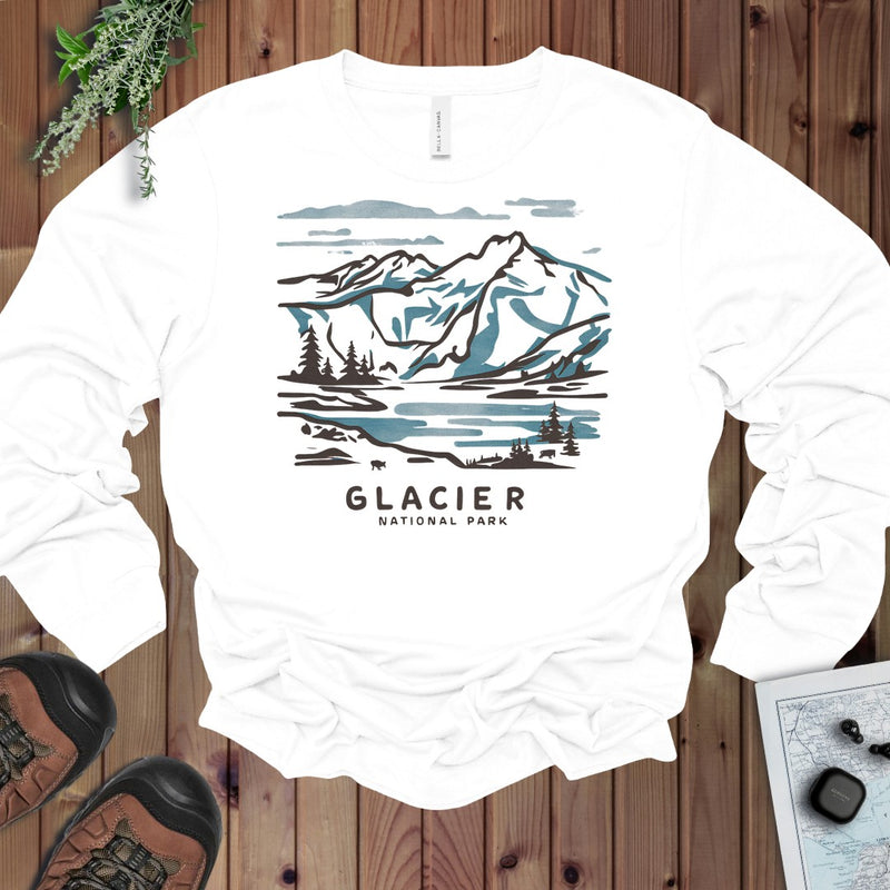 Glacier National Park Fit Soft Watercolor Line Art Long Sleeve T-Shirt in White