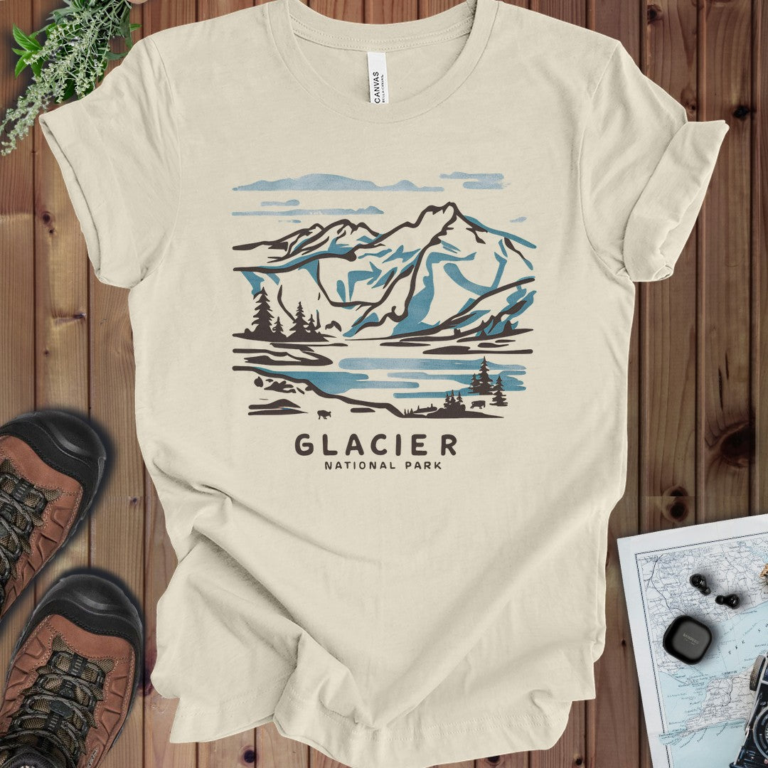 Glacier National Park Unisex Fit Soft Watercolor Line Art Kids Graphic T-Shirt in Natural