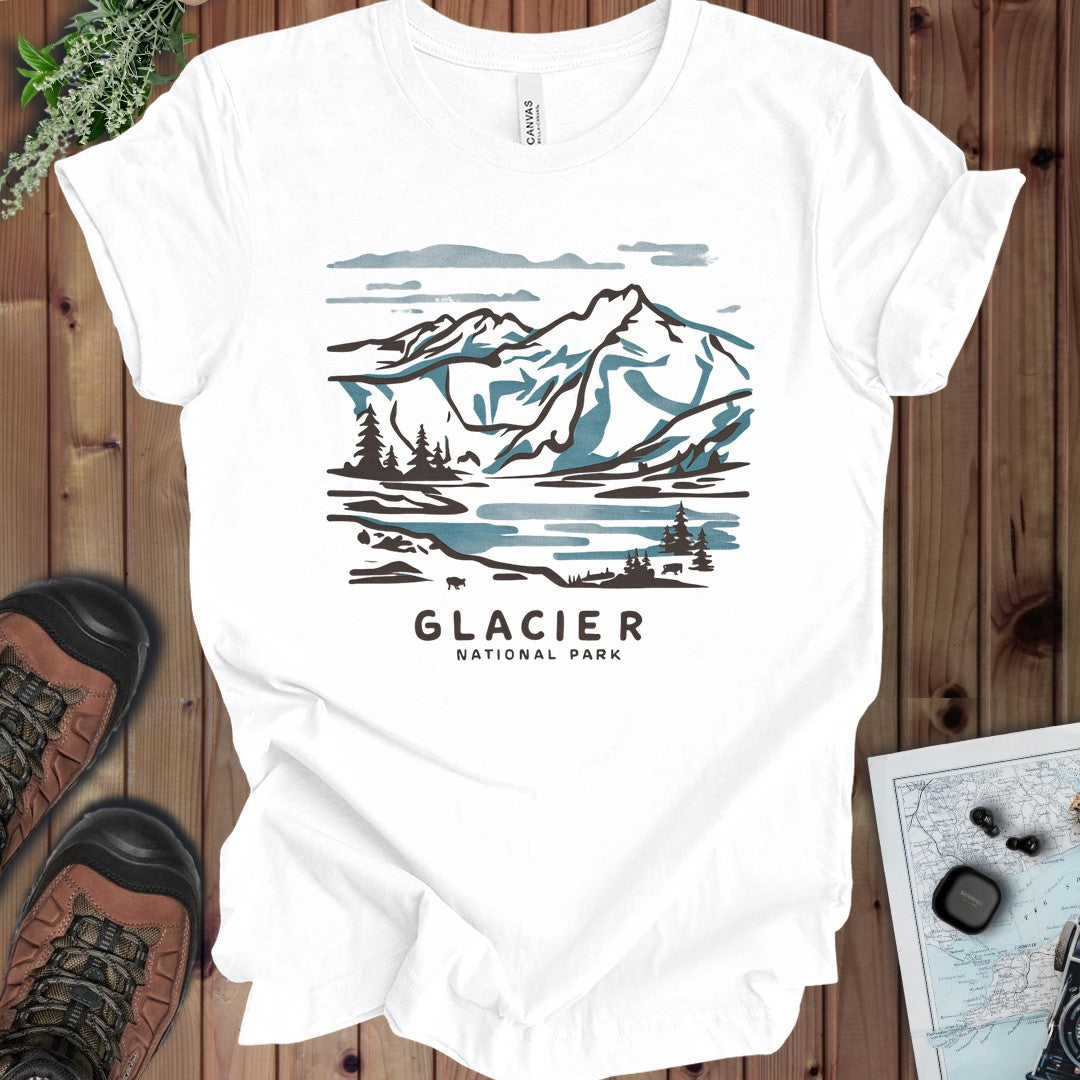 Glacier National Park Unisex Fit Soft Watercolor Line Art Kids Graphic T-Shirt in White