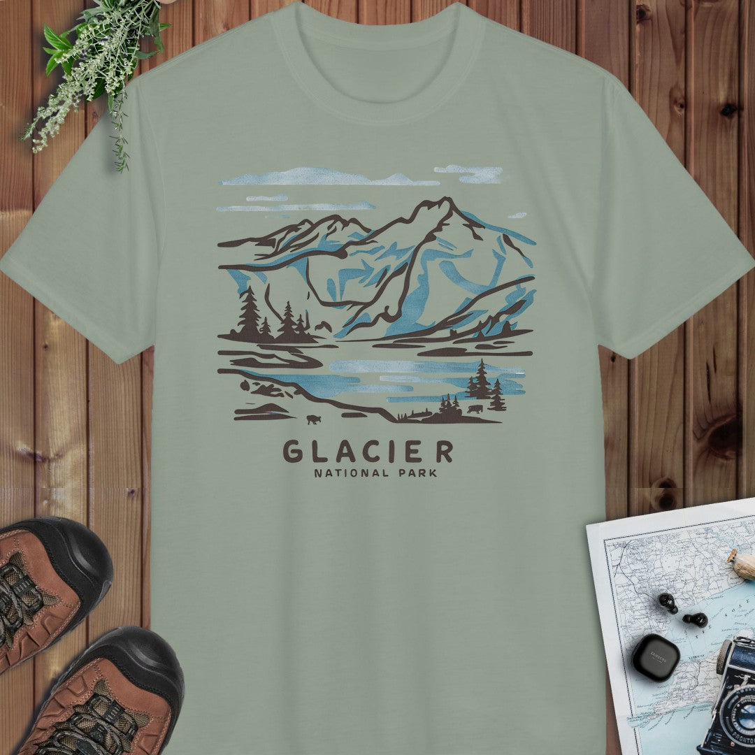 Glacier National Park Watercolor Line Art Performance T-Shirt in Sage