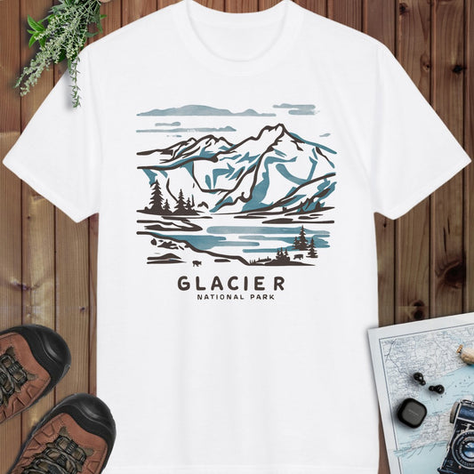 Glacier National Park Watercolor Line Art Performance T-Shirt in White