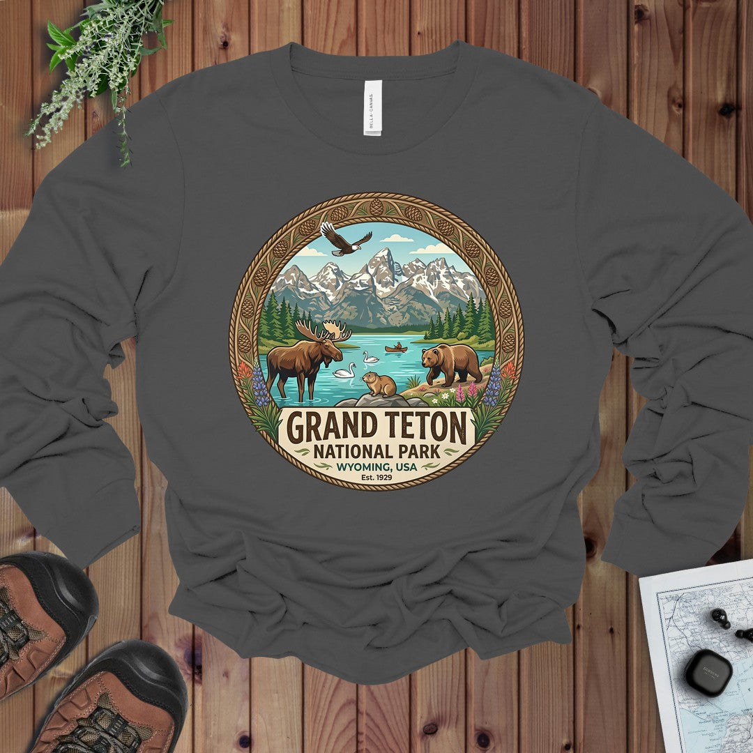 Grand Teton National Park Emblem Long Sleeve T-Shirt in Asphalt