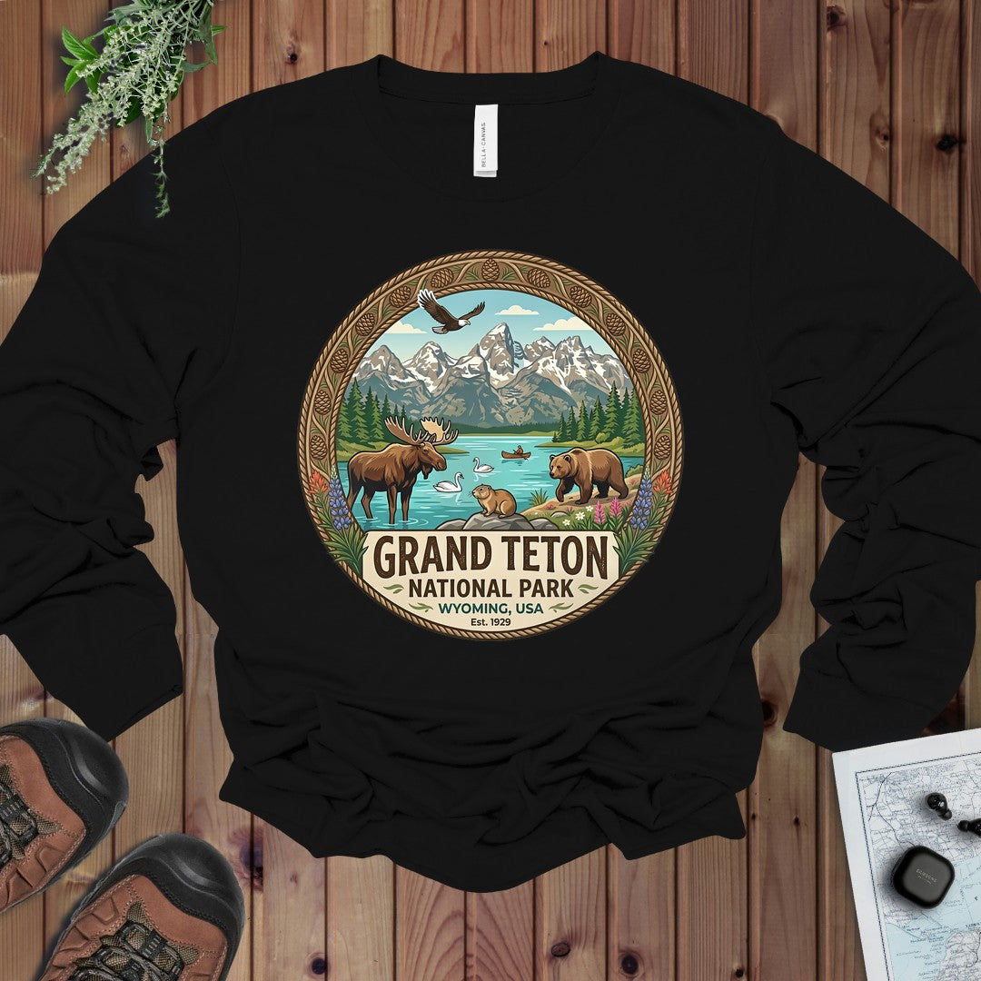 Grand Teton National Park Emblem Long Sleeve T-Shirt in Black
