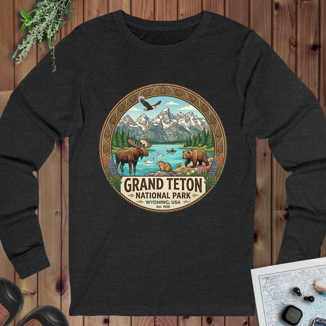 Grand Teton National Park Emblem Long Sleeve T-Shirt in Dark Grey Heather