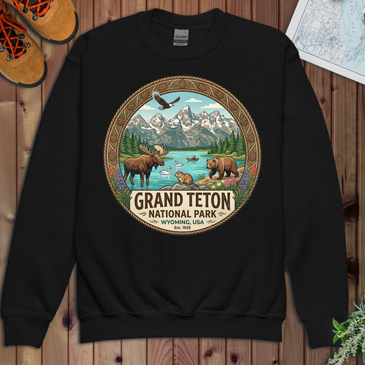 Grand Teton National Park Emblem Graphic Youth Sweatshirt in Black