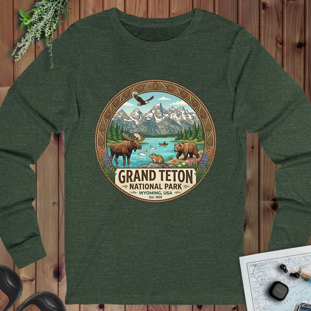 Grand Teton National Park Emblem Long Sleeve T-Shirt in Heather Forest
