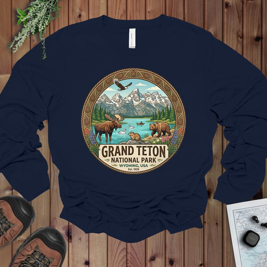 Grand Teton National Park Emblem Long Sleeve T-Shirt in Navy