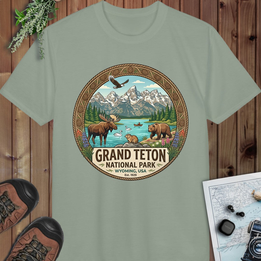 Grand Teton National Park Emblem Performance T-Shirt in Sage
