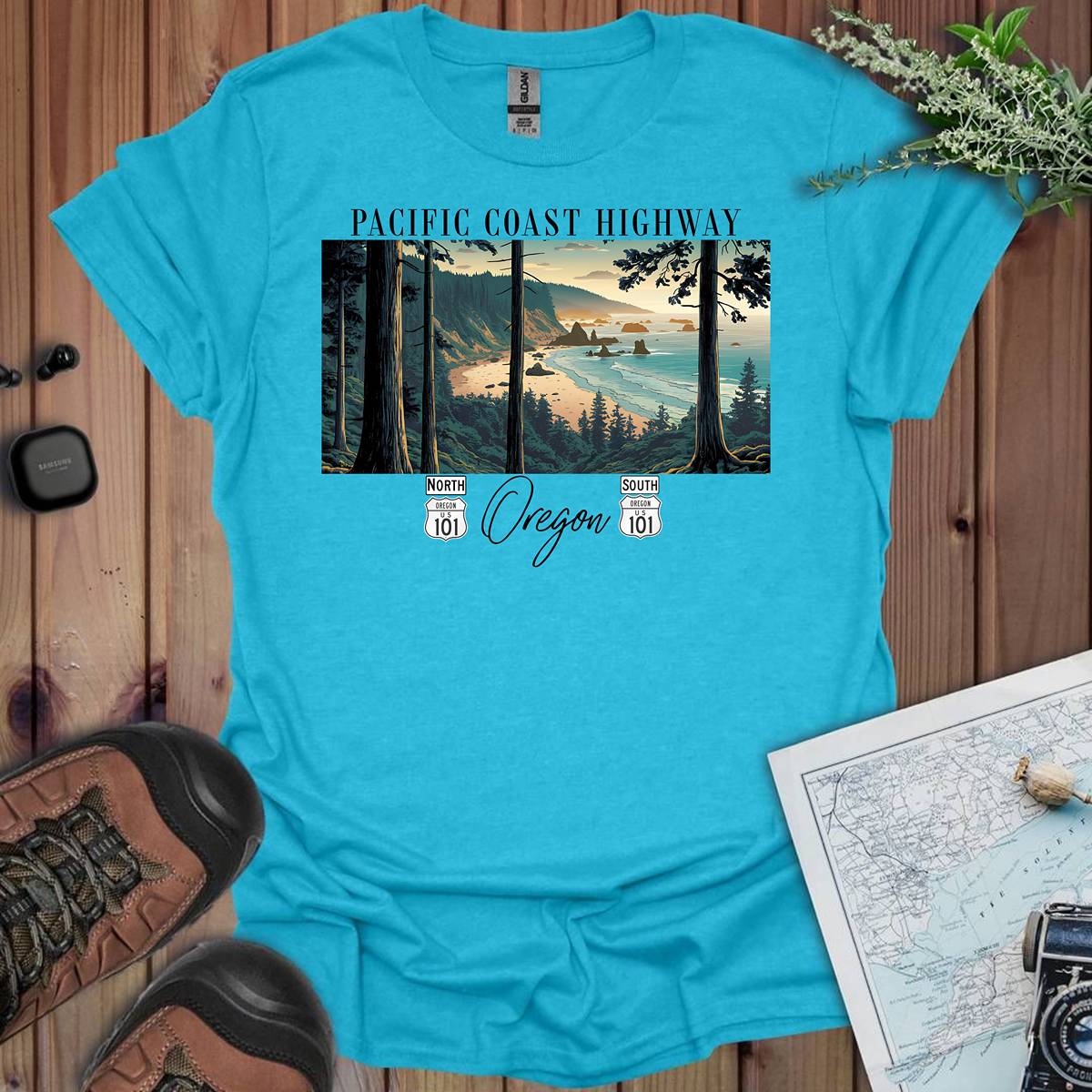 Highway 101 Oregon Coast Pacific Coast Highway Unisex Fit Soft T-Shirt T-Shirt Printify S Heather Galapagos Blue