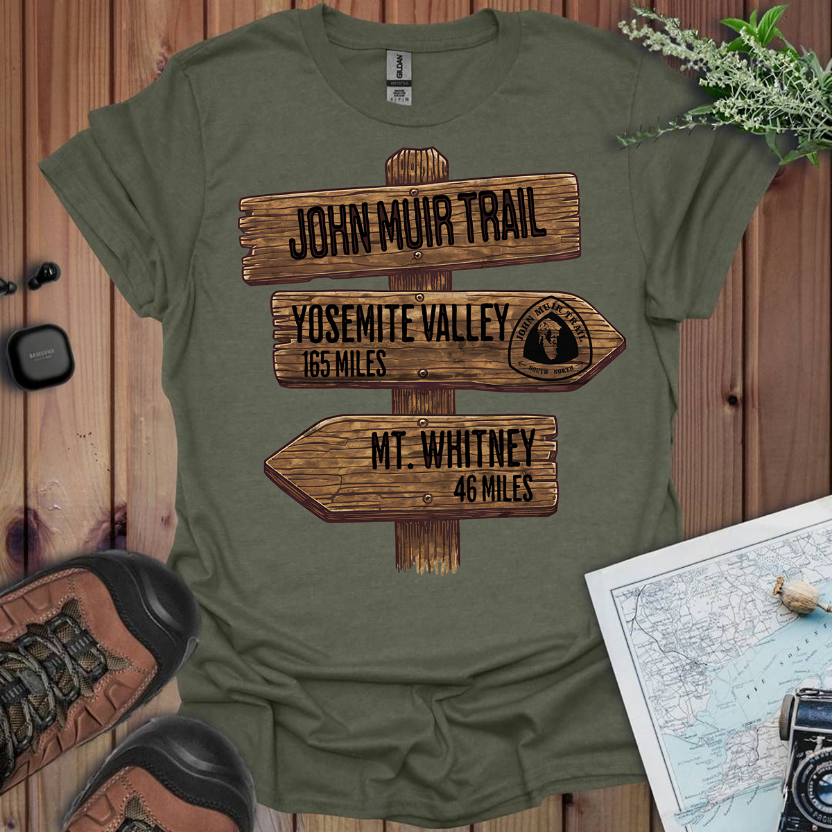 John Muir Trail Unisex T-Shirt Wood Sign 211 Miles T-Shirt Printify S Heather Military Green