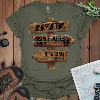 John Muir Trail Unisex T-Shirt Wood Sign 211 Miles T-Shirt Printify S Heather Military Green