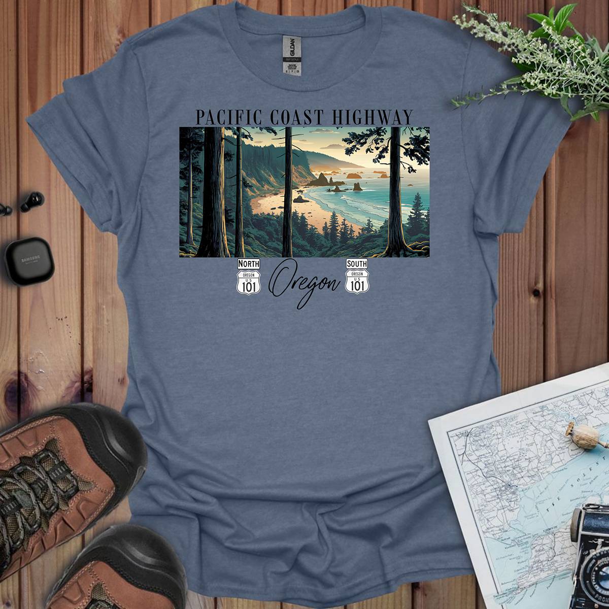 Highway 101 Oregon Coast Pacific Coast Highway Unisex Fit Soft T-Shirt T-Shirt Printify S Heather Indigo