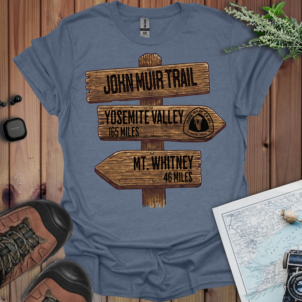 John Muir Trail Unisex T-Shirt Wood Sign 211 Miles T-Shirt Printify S Heather Indigo