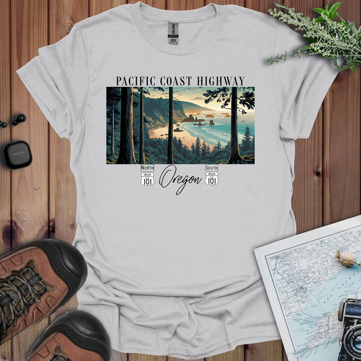 Highway 101 Oregon Coast Pacific Coast Highway Unisex Fit Soft T-Shirt T-Shirt Printify S Ice Grey