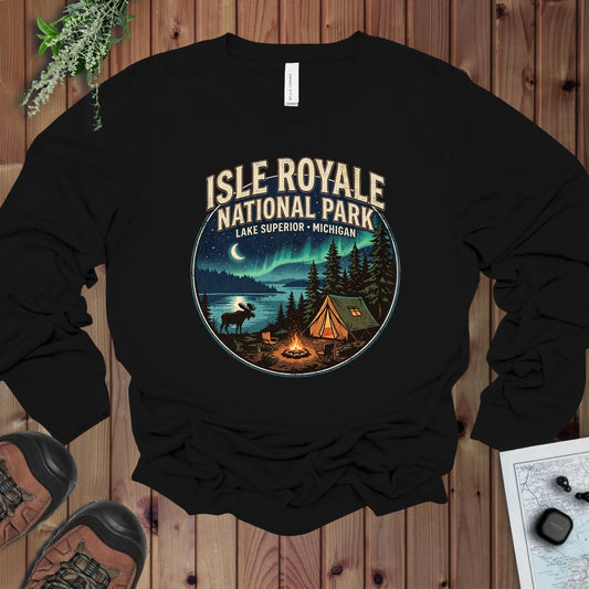 Isle Royale National Park Campsite Long Sleeve T-Shirt in Black