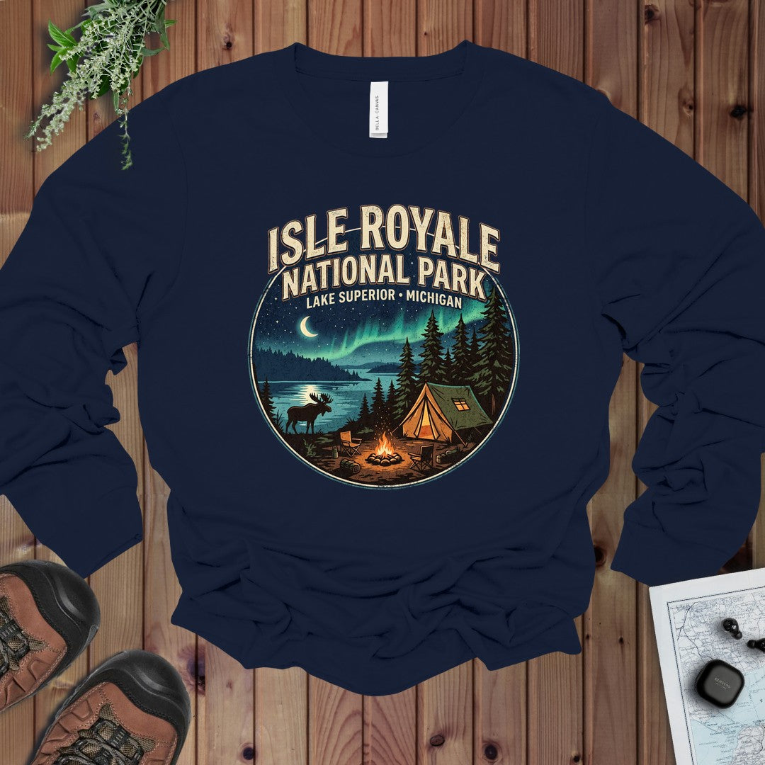Isle Royale National Park Campsite Long Sleeve T-Shirt in Navy