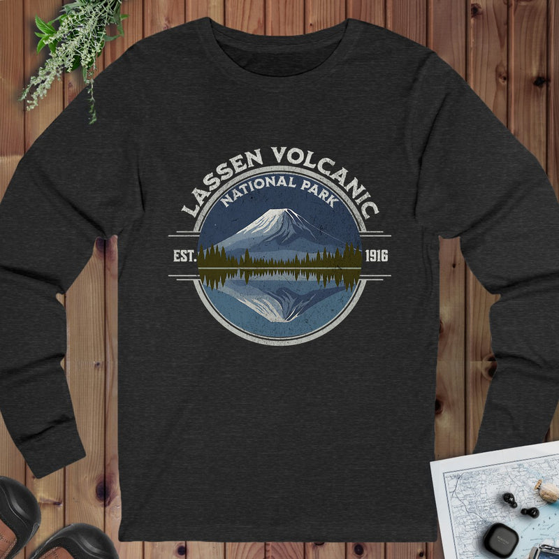 Lassen Volcanic National Park Embroidered Premium Long Sleeve T-Shirt in Dark Grey Heather