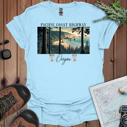 Highway 101 Oregon Coast Pacific Coast Highway Unisex Fit Soft T-Shirt T-Shirt Printify S Light Blue