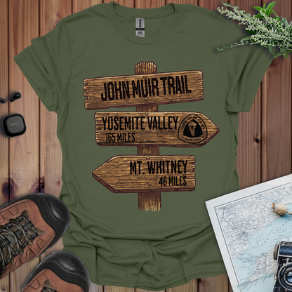 John Muir Trail Unisex T-Shirt Wood Sign 211 Miles T-Shirt Printify S Military Green