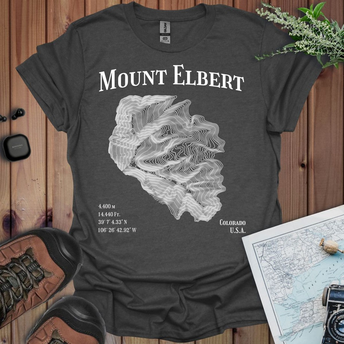 Mount Elbert Topo Lines T-Shirt in Dark Heather