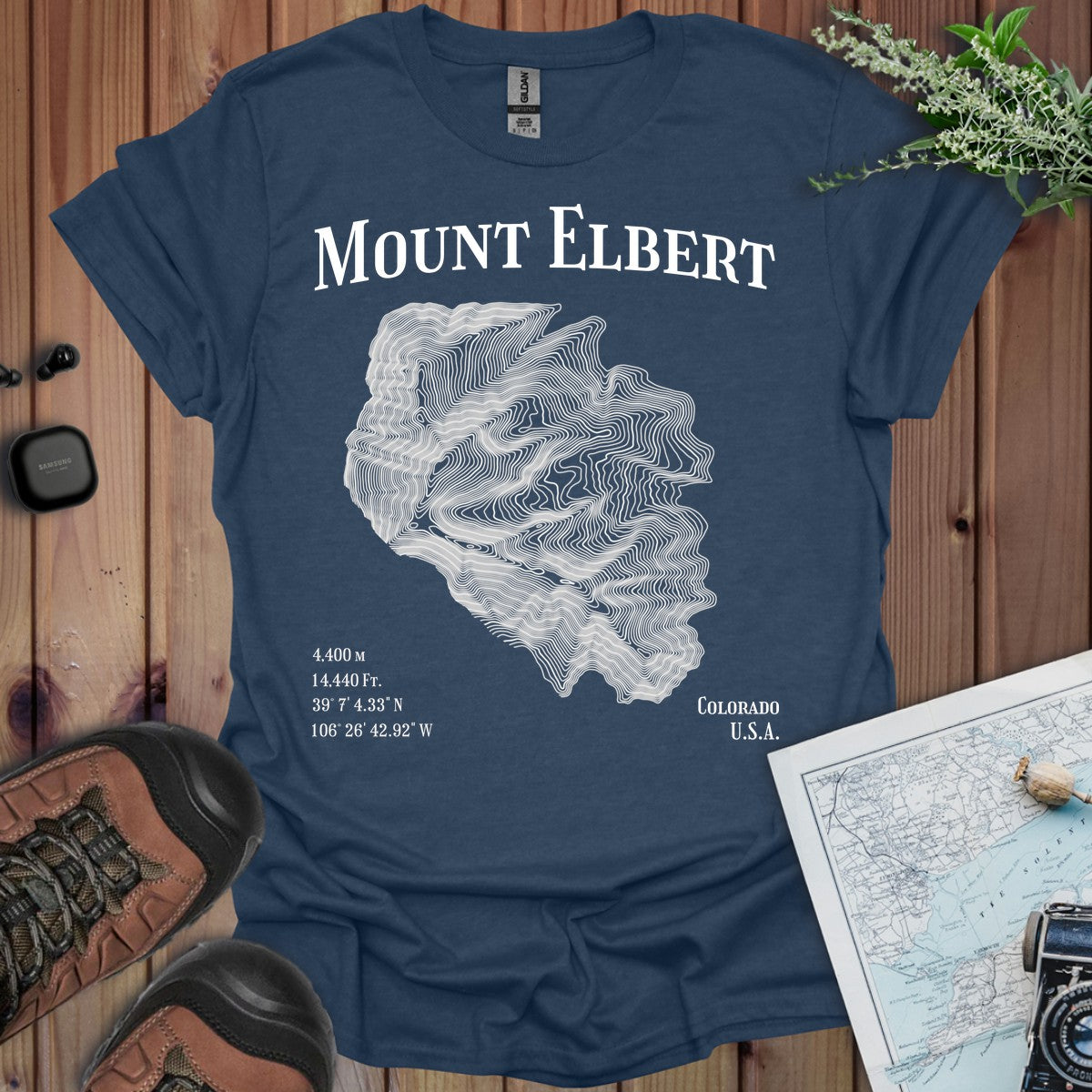 Mount Elbert Topo Lines T-Shirt in Heather Navy