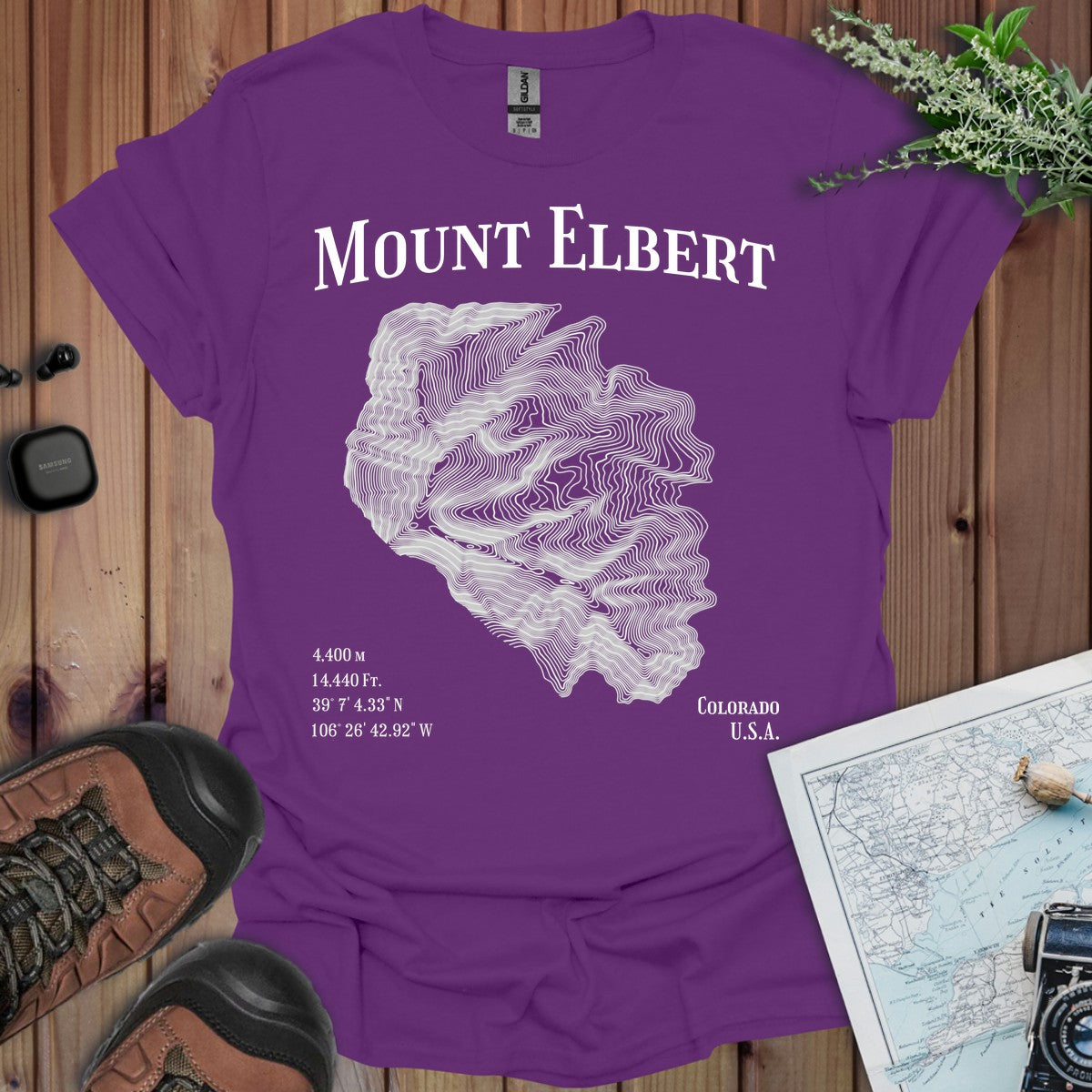 Mount Elbert Topo Lines T-Shirt in Purple