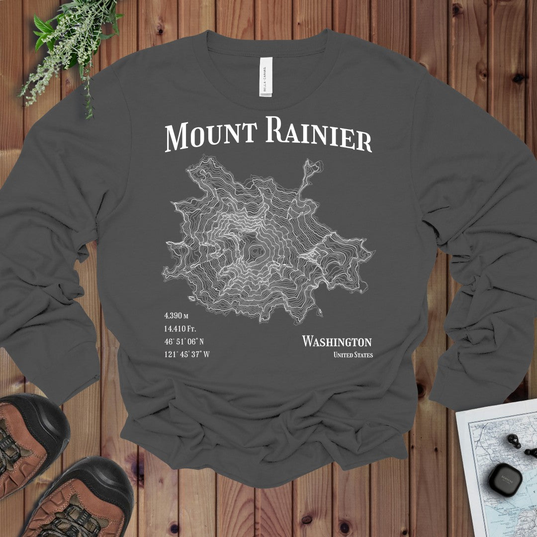 Mount Rainier Mountain Topo Long Sleeve T-Shirt in Asphalt