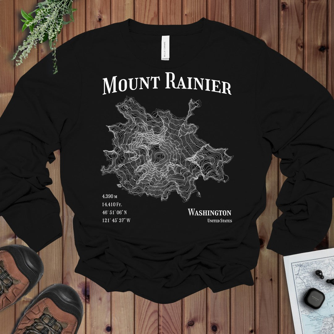 Mount Rainier Mountain Topo Long Sleeve T-Shirt in Black