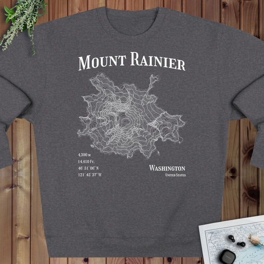 Mount Rainier Mountain Topo Crewneck Sweatshirt Graphic Crewneck Sweatshirt in Charcoal Heather