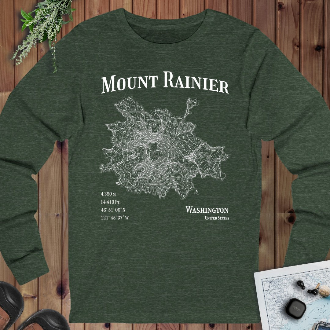 Mount Rainier Mountain Topo Long Sleeve T-Shirt in Heather Forest
