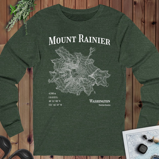 Mount Rainier Mountain Topo Long Sleeve T-Shirt in Heather Forest