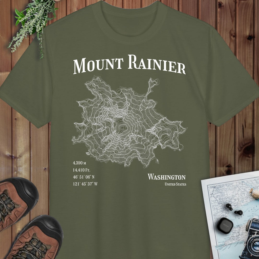 Mount Rainier Mountain Topo Performance T-Shirt in Military Green