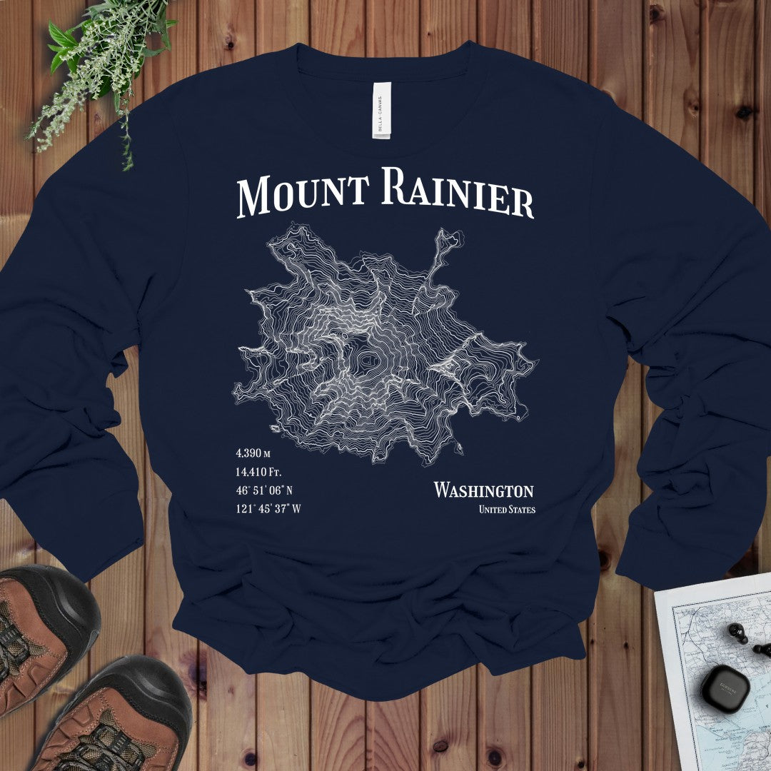 Mount Rainier Mountain Topo Long Sleeve T-Shirt in Navy