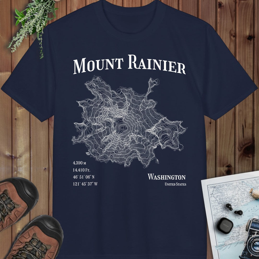 Mount Rainier Mountain Topo Performance T-Shirt in Navy