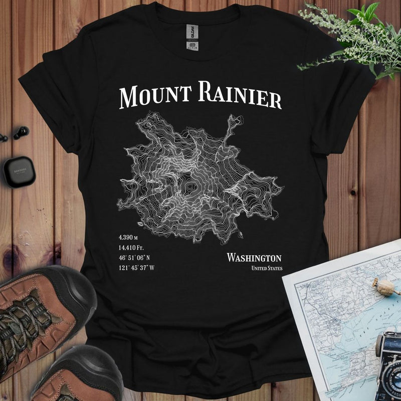 Mount Rainier Mountain Topo T-shirt in Black