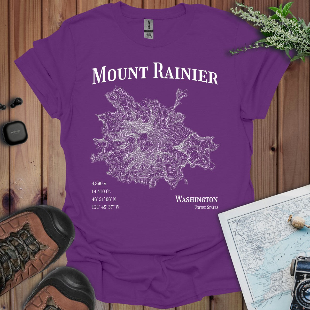 Mount Rainier Mountain Topo T-shirt in Purple