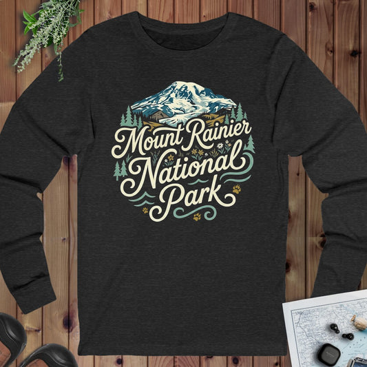 Mount Rainier National Park Curved Long Sleeve T-Shirt in Dark Grey Heather