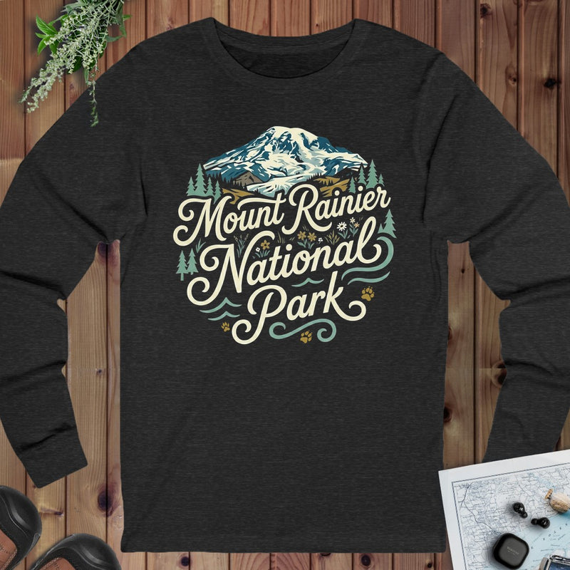 Mount Rainier National Park Curved Long Sleeve T-Shirt in Dark Grey Heather