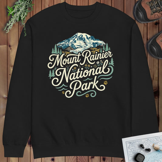 Mount Rainier National Park Curved Graphic Crewneck Sweatshirt in Black